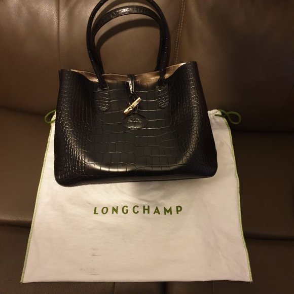 Longchamp Roseau Black Croc Embossed Leather Tote Handbag - Picture 5 of 6